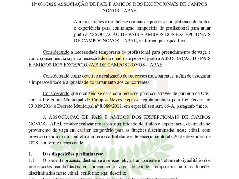 Edital de Seleção Nº 001/2026 - Vaga para Fisioterapeuta - Foto 1 de 5