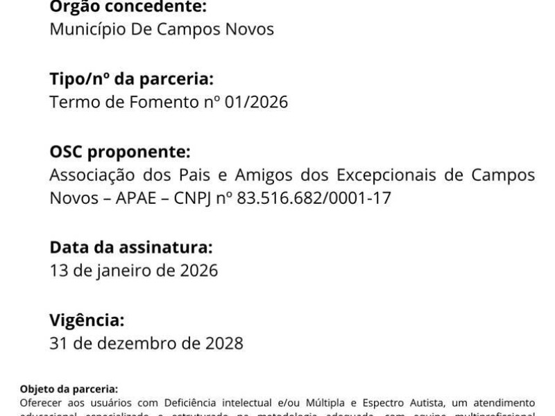 Divulgação de Parceria com o Município de Campos Novos - Foto 1 de 1