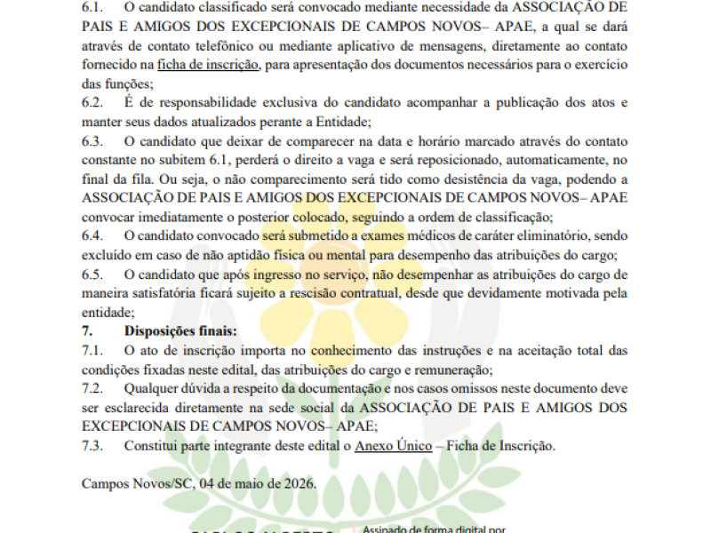 EDITAL SIMPLIFICADO PARA SELEÇÃO DE PROFISSIONAIS DA ASSOCIAÇÃO DE PAIS E AMIGOS DOS EXCEPCIONAIS DE CAMPOS NOVOS - APAE - Foto 4 de 5
