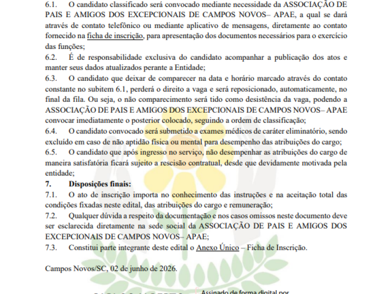 EDITAL SIMPLIFICADO PARA SELEÇÃO DE PROFISSIONAIS DA ASSOCIAÇÃO DE PAIS E AMIGOS DOS EXCEPCIONAIS DE CAMPOS NOVOS - APAE - Foto 4 de 5