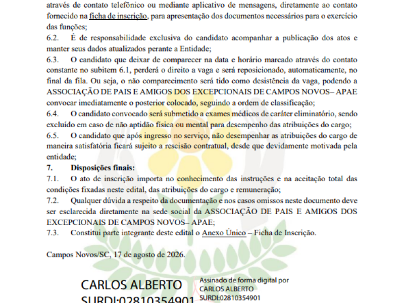 EDITAL SIMPLIFICADO PARA SELEÇÃO DE PROFISSIONAIS DA ASSOCIAÇÃO DE PAIS E AMIGOS DOS EXCEPCIONAIS DE CAMPOS NOVOS - APAE - Foto 4 de 5
