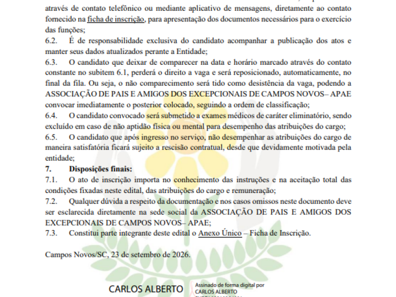 EDITAL SIMPLIFICADO Nº 007/2026: PARA SELEÇÃO DE PROFISSIONAIS DA ASSOCIAÇÃO DE PAIS E AMIGOS DOS EXCEPCIONAIS DE CAMPOS NOVOS - APAE  - PSICÓLOGA 30H - Foto 4 de 5