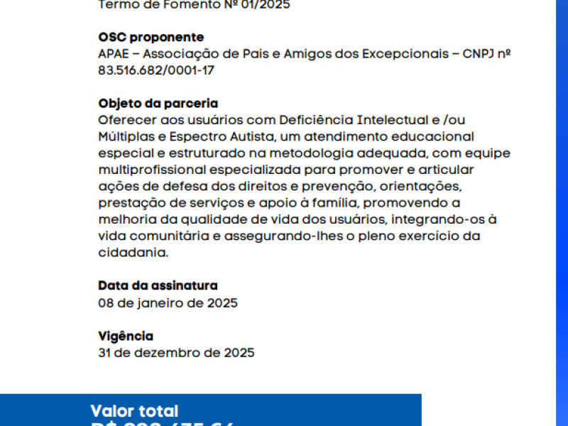 Termo de Fomento Nº 01/2025 - Foto 1 de 1 Termo de Fomento Nº 01/2025 - Foto 1 de 1