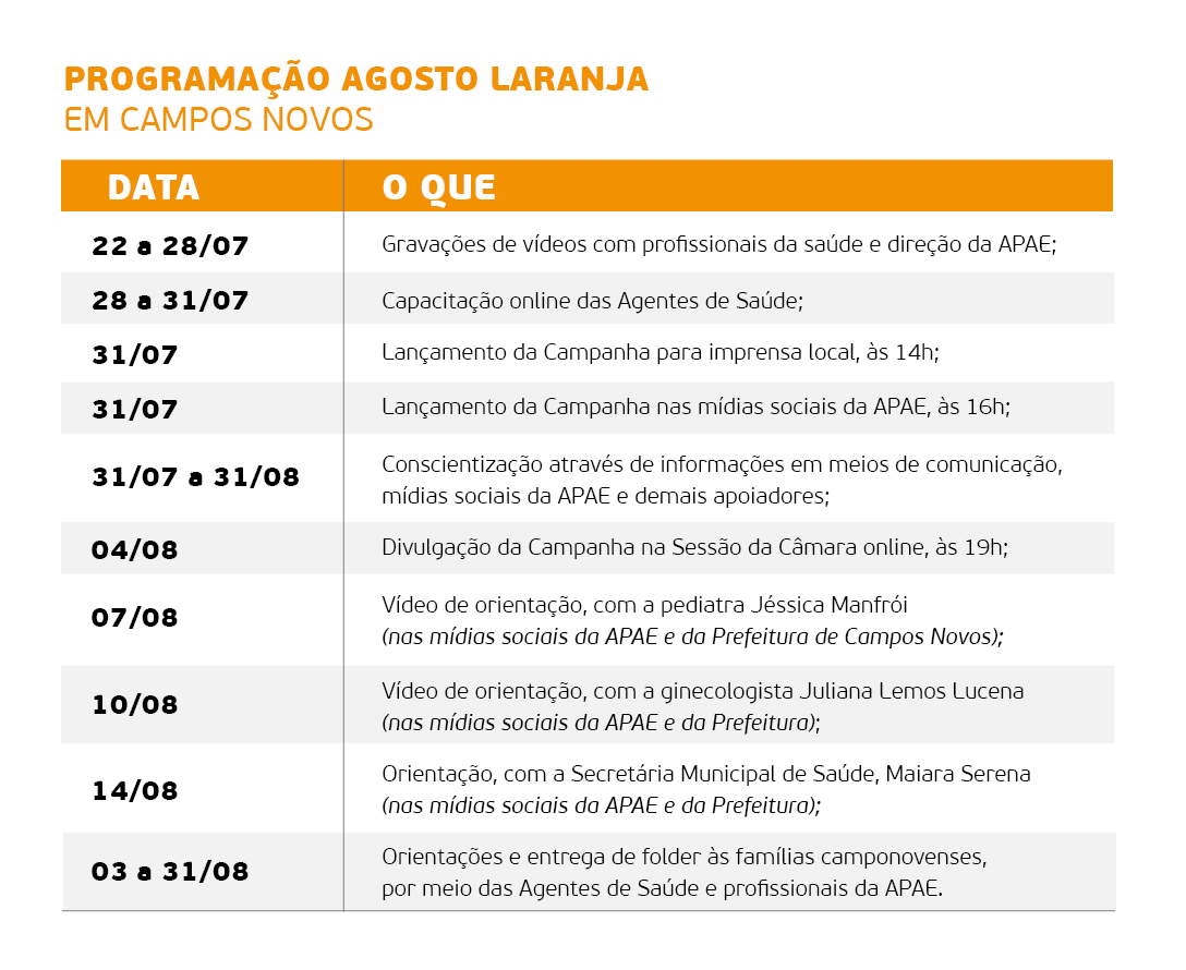 APAE de Campos Novos lança programação do Agosto Laranja APAE de Campos Novos lança programação do Agosto Laranja
