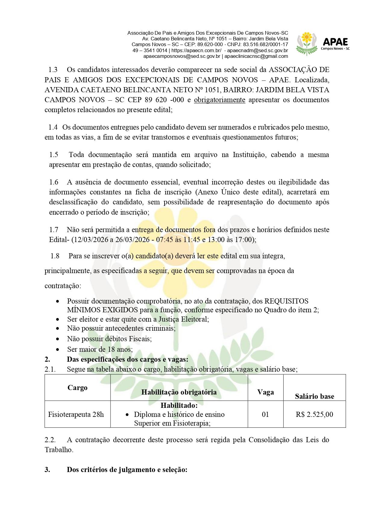 EDITAL SIMPLIFICADO PARA SELEÇÃO DE PROFISSIONAIS DA ASSOCIAÇÃO DE PAIS E AMIGOS DOS EXCEPCIONAIS DE CAMPOS NOVOS - APAE