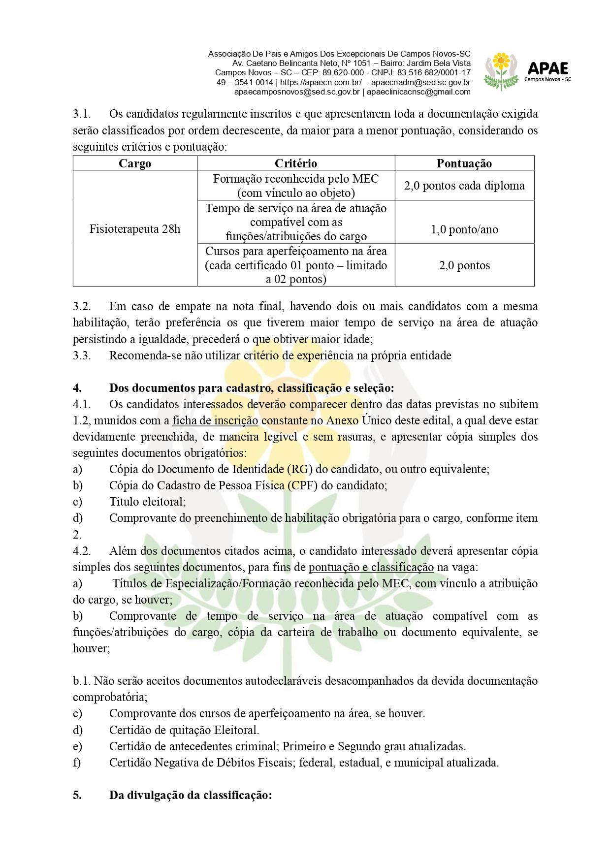 EDITAL SIMPLIFICADO PARA SELEÇÃO DE PROFISSIONAIS DA ASSOCIAÇÃO DE PAIS E AMIGOS DOS EXCEPCIONAIS DE CAMPOS NOVOS - APAE