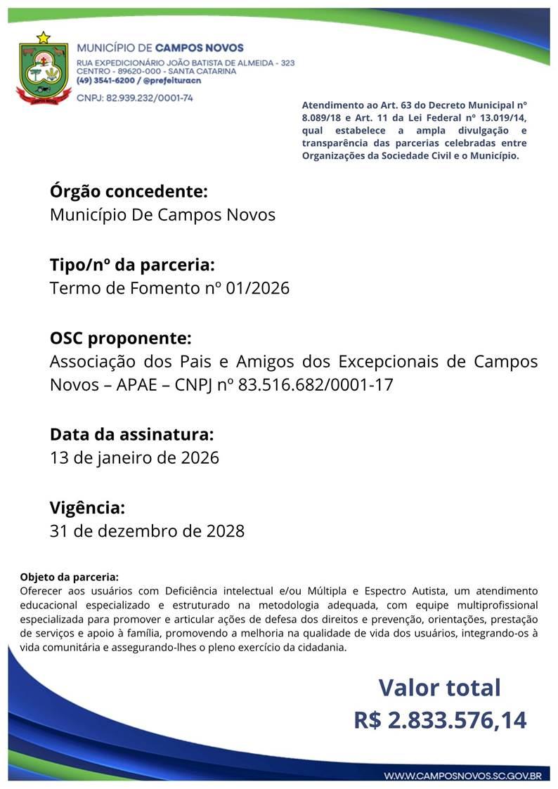 Divulgação de Parceria com o Município de Campos Novos