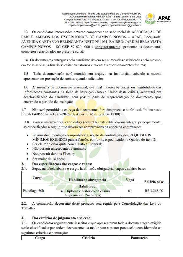 EDITAL SIMPLIFICADO PARA SELEÇÃO DE PROFISSIONAIS DA ASSOCIAÇÃO DE PAIS E AMIGOS DOS EXCEPCIONAIS DE CAMPOS NOVOS - APAE