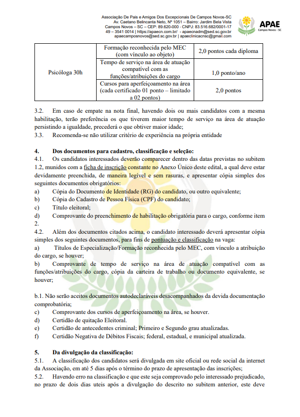 EDITAL SIMPLIFICADO PARA SELEÇÃO DE PROFISSIONAIS DA ASSOCIAÇÃO DE PAIS E AMIGOS DOS EXCEPCIONAIS DE CAMPOS NOVOS - APAE