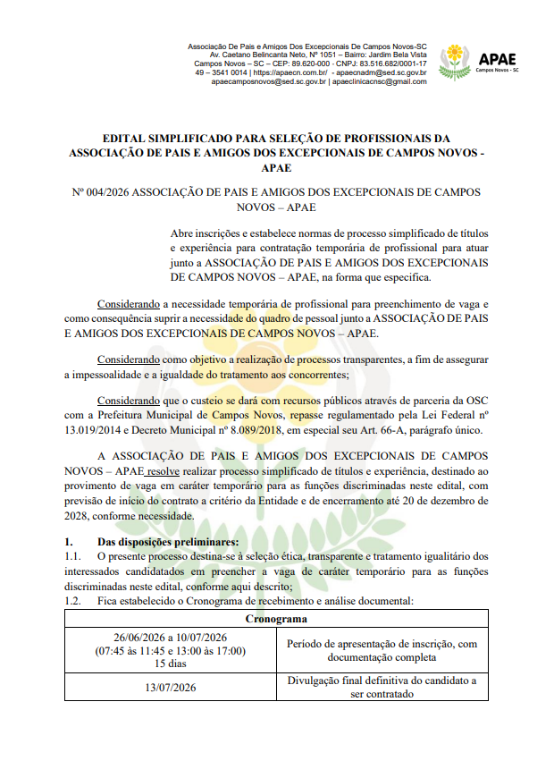 EDITAL 4.2026 SIMPLIFICADO PARA SELEÇÃO DE PROFISSIONAIS DA ASSOCIAÇÃO DE PAIS E AMIGOS DOS EXCEPCIONAIS DE CAMPOS NOVOS - APAE