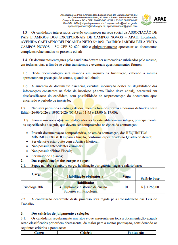 EDITAL 4.2026 SIMPLIFICADO PARA SELEÇÃO DE PROFISSIONAIS DA ASSOCIAÇÃO DE PAIS E AMIGOS DOS EXCEPCIONAIS DE CAMPOS NOVOS - APAE