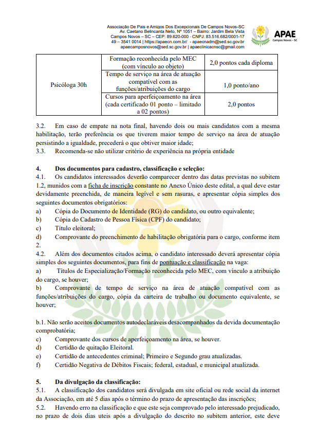 EDITAL 4.2026 SIMPLIFICADO PARA SELEÇÃO DE PROFISSIONAIS DA ASSOCIAÇÃO DE PAIS E AMIGOS DOS EXCEPCIONAIS DE CAMPOS NOVOS - APAE