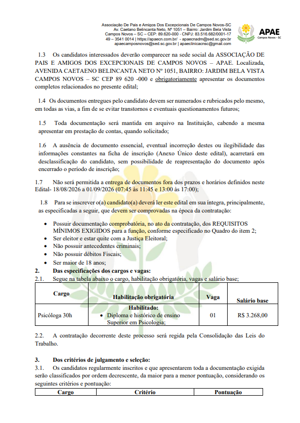 EDITAL SIMPLIFICADO PARA SELEÇÃO DE PROFISSIONAIS DA ASSOCIAÇÃO DE PAIS E AMIGOS DOS EXCEPCIONAIS DE CAMPOS NOVOS - APAE