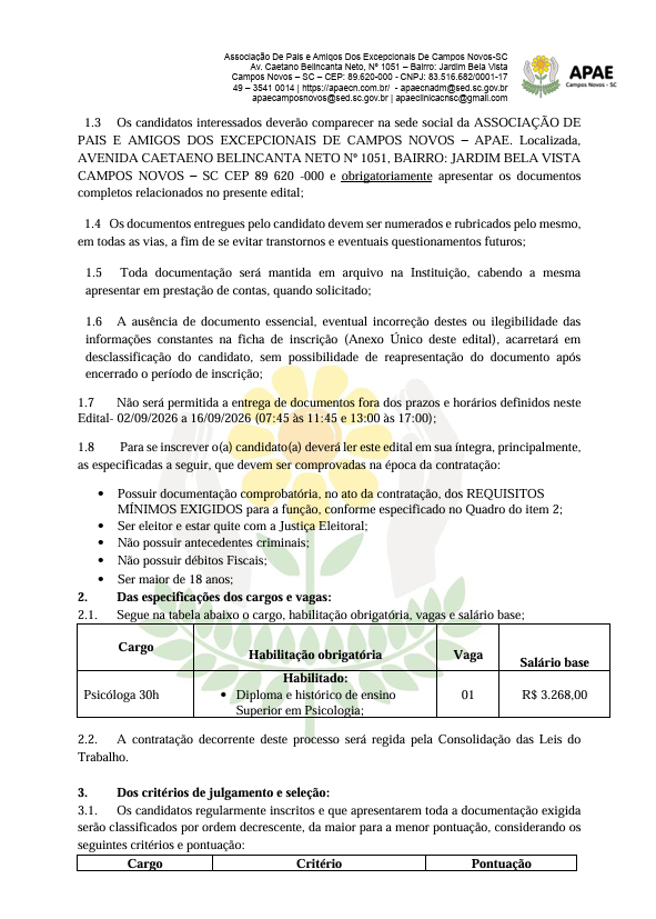 EDITAL Nº 006/2026- SIMPLIFICADO PARA SELEÇÃO DE PROFISSIONAIS DA ASSOCIAÇÃO DE PAIS E AMIGOS DOS EXCEPCIONAIS DE CAMPOS NOVOS - APAE