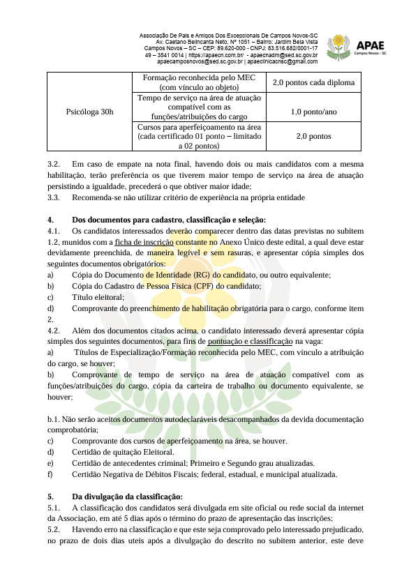 EDITAL Nº 006/2026- SIMPLIFICADO PARA SELEÇÃO DE PROFISSIONAIS DA ASSOCIAÇÃO DE PAIS E AMIGOS DOS EXCEPCIONAIS DE CAMPOS NOVOS - APAE