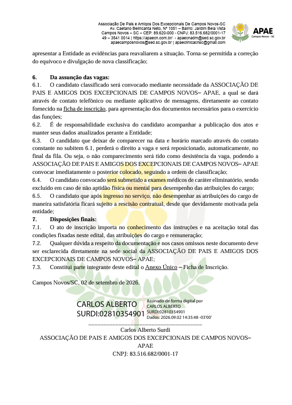 EDITAL Nº 006/2026- SIMPLIFICADO PARA SELEÇÃO DE PROFISSIONAIS DA ASSOCIAÇÃO DE PAIS E AMIGOS DOS EXCEPCIONAIS DE CAMPOS NOVOS - APAE