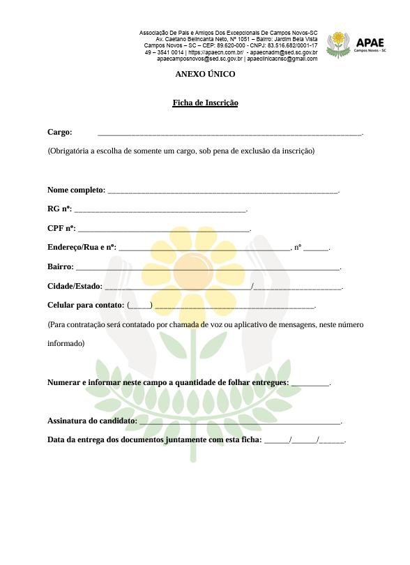 EDITAL Nº 006/2026- SIMPLIFICADO PARA SELEÇÃO DE PROFISSIONAIS DA ASSOCIAÇÃO DE PAIS E AMIGOS DOS EXCEPCIONAIS DE CAMPOS NOVOS - APAE