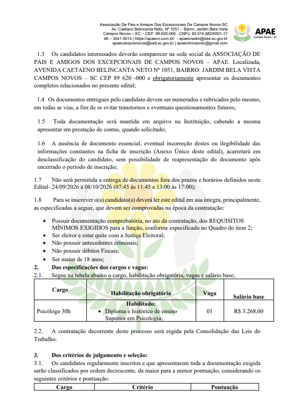 EDITAL SIMPLIFICADO Nº 007/2026: PARA SELEÇÃO DE PROFISSIONAIS DA ASSOCIAÇÃO DE PAIS E AMIGOS DOS EXCEPCIONAIS DE CAMPOS NOVOS - APAE  - PSICÓLOGA 30H