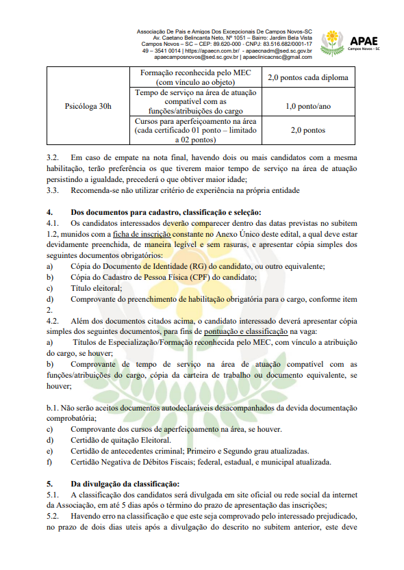 EDITAL SIMPLIFICADO Nº 007/2026: PARA SELEÇÃO DE PROFISSIONAIS DA ASSOCIAÇÃO DE PAIS E AMIGOS DOS EXCEPCIONAIS DE CAMPOS NOVOS - APAE  - PSICÓLOGA 30H