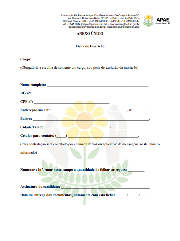 EDITAL SIMPLIFICADO Nº 007/2026: PARA SELEÇÃO DE PROFISSIONAIS DA ASSOCIAÇÃO DE PAIS E AMIGOS DOS EXCEPCIONAIS DE CAMPOS NOVOS - APAE  - PSICÓLOGA 30H